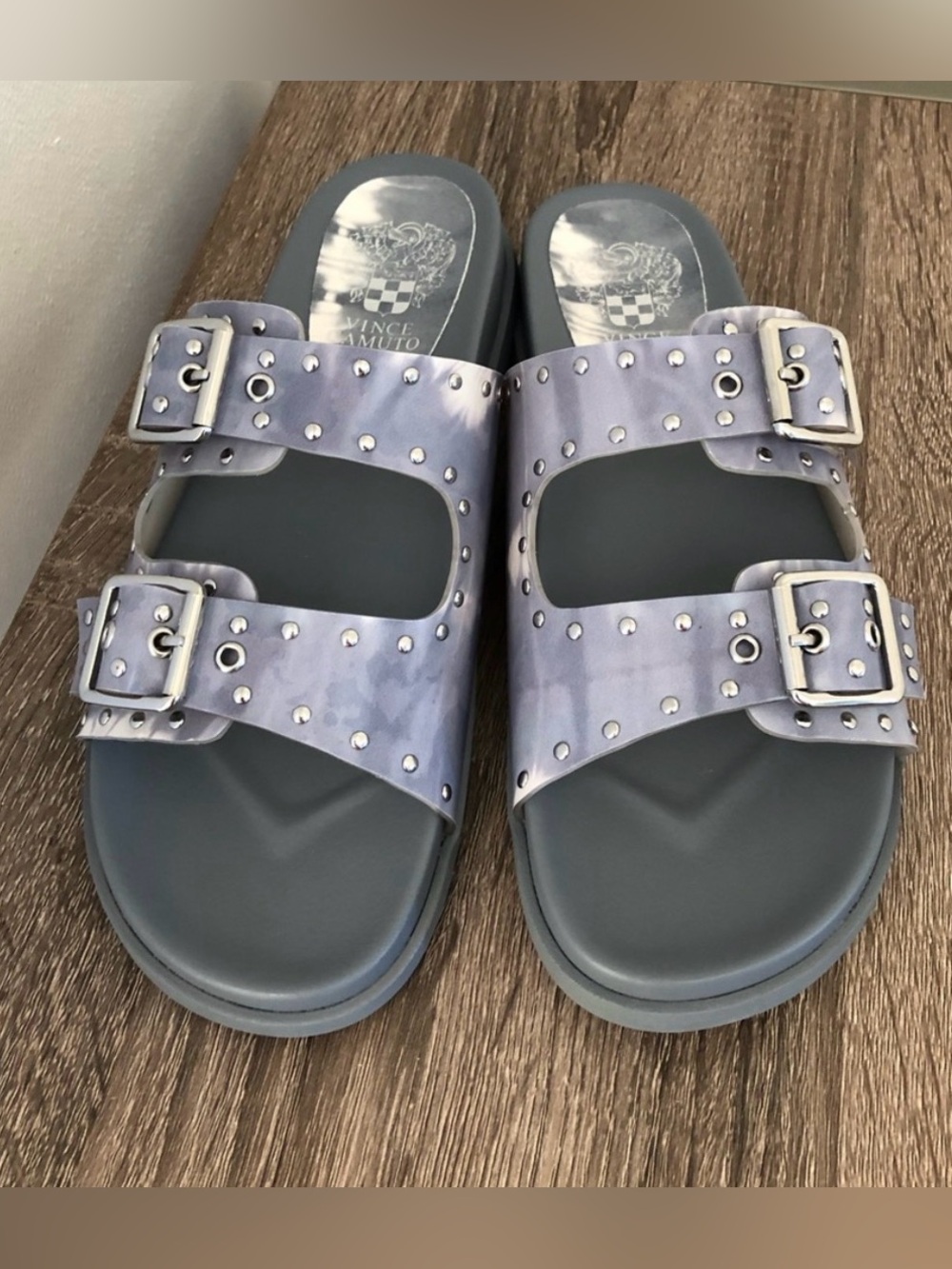 Vince Camuto Studded Double-Buckle Slide Sandal in Light Blueish Gray Sz 9